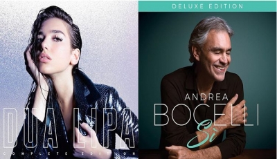 Capa &quot;Complete Edition&quot; de Dua Lipa e do álbum deluxe &quot;Sì&quot; de Andrea Bocelli