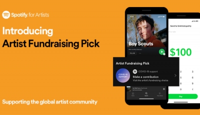  &quot;The Artist Fundraising Pick&quot;, uma nova opção na plataforma Spotify for Artists que é um esforço para ajudar os artistas a arrecadar dinheiro para si e para seus músicos e equipes - ou outros artistas, também como certas instituições de caridade.